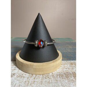 Silver Bangle Bracelet With Red Crystal Bead & Etched Accents